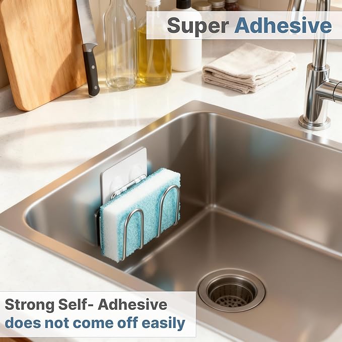 KESOL Kitchen Sponge Holder | Sink Caddy for Sponges, Scrubbers, Soap. No Drilling, Adhesive, Rustproof SUS304 Stainless Steel, Compact Kitchen Sink Accessories