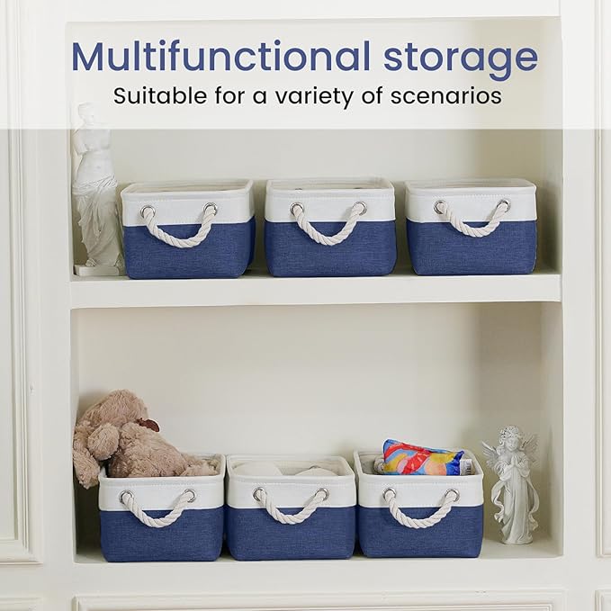 Storage Baskets for Shelves 11.8x7.9x5.2 Inch, Foldable Fabric Storage Bins with Handles, Small Storage Baskets for Organizing Closet, Office, Home Organization (1-Pack, White&Blue)