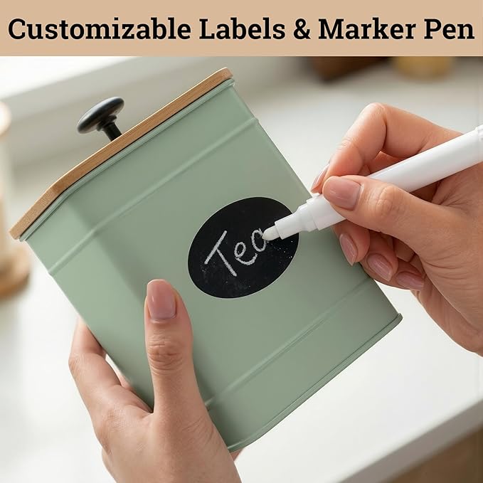 Kitchen Canisters for Countertop Set of 4 with Customizable Chalkboard Labels & Marker Pen - Big Iron Kitchen Canisters with Airtight Lids - Sage Green Canister Set - Flour and Sugar Containers