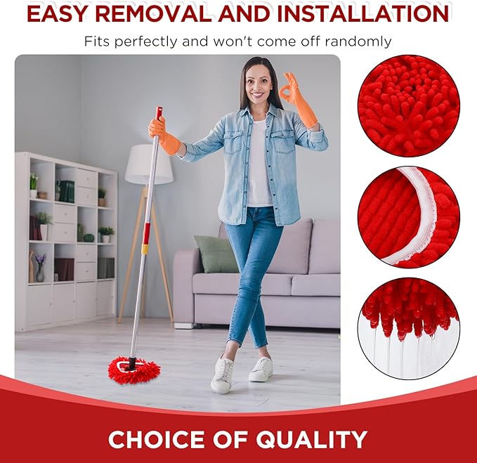 Baderke 6 Pack Chenille Mop Heads Replacements Compatible with 1 Tank System Chenille Duster Replacement Heads Microfiber Spin Mop Refill Pads Reusable Dust Refills for Floor Cleaning (Red)