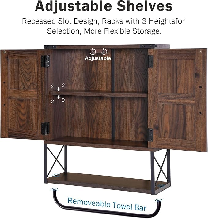 RUSTOWN Farmhouse Medicine Cabinet with 2 Barn Door,Wood Wall Mounted Storage Cabinet with Adjustable Shelf and Towel Bar, 3-Tier Bathroom Cabinet for Bathroom, Living Room(Dark Walnut, Medium)