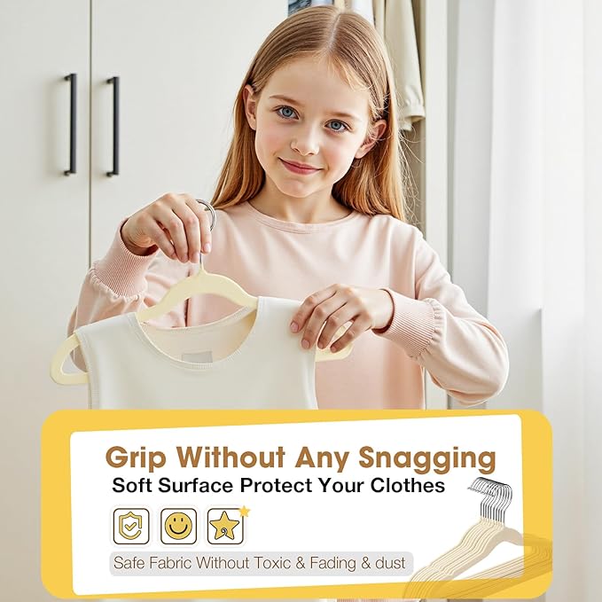 Baby Hangers 50 Pack 11 Inch,Velvet Baby Hanger Slim & Space-Saving,Kids Hangers with 360 Swivel Hook,Heavy Duty Toddler Hanger for Childrens Coats,Pants,and Dress (Beige)