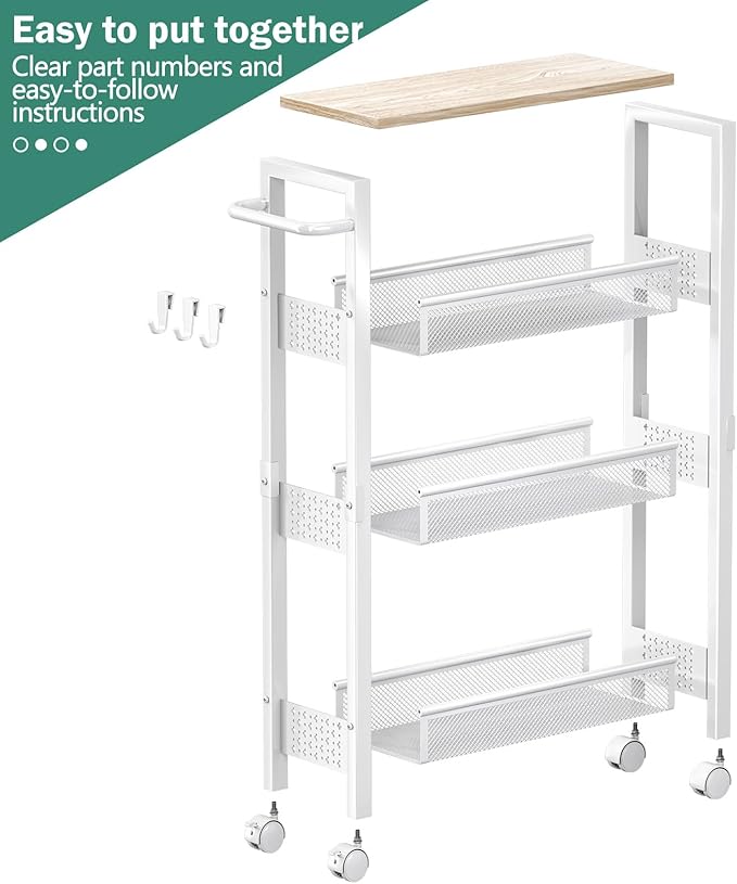 Utility Slim Storage Cart, 4 Tier Small Rolling Kitchen Laundry Room Cart with Wood Top, Metal Bathroom Storage Cabinet Mobile Shelf Unit Organizer Trolley with Handle for Narrow Space