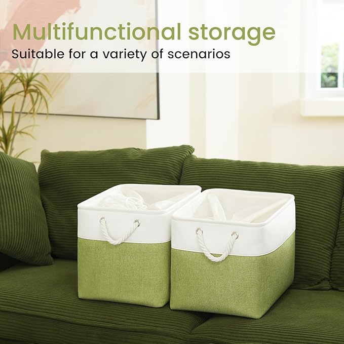 Large Storage Baskets- 16x12x12 inch Storage Bins for Shelves and Closet Organizing, Foldable Fabric Bin for Home Organization Clothes and Laundry (3-Pack, White&Green)