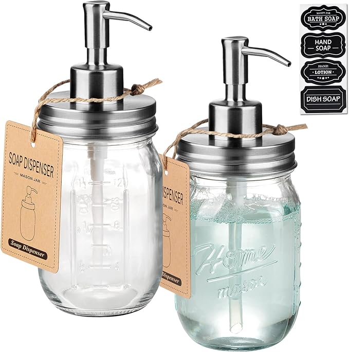SheeChung 16 Oz Mason Jar Liquid Soap Dispenser, Glass Hand Soap Dispenser, Stainless Steel Pump Lid, Refillable Lotion Dispensers for Bathroom Countertop Kitchen (2, Brushed Nickel)
