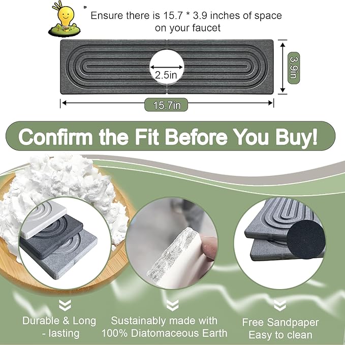 Faucet Mat for Kitchen Sink,15.7" Diatomite Stone Drying Mat,Quick Drying Splash Guard,Super Absorbent.Kitchen ,Bathroom Sink Splash Guard, Durable Countertop Protection(Darkgrey)