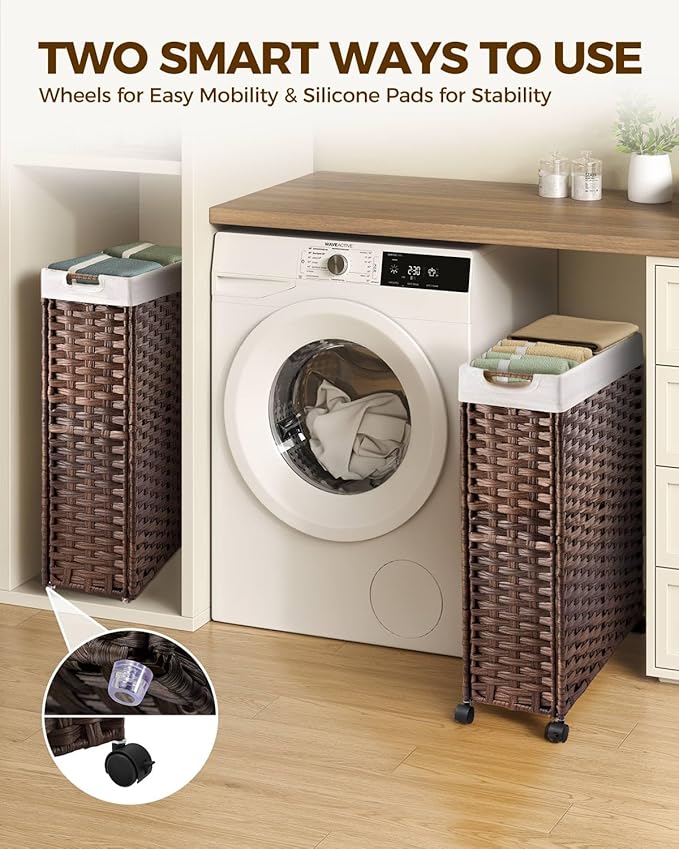 Greenstell Laundry Hamper with Wheels, 17.4 Gallon (66L) Slim Laundry Basket with 2 Removable Liner Bags & 2 Mesh Bags, Narrow Rattan Clothes Hamper for Bedroom, Laundry Room, Bathroom, Brown