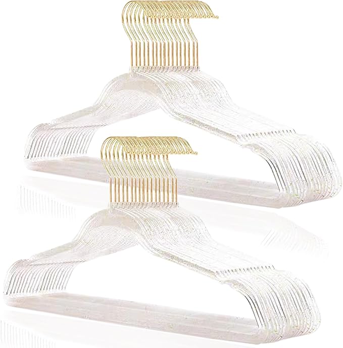 VSV stoage Clear Clothes Hangers 16", 40 Pack Plastic Coat Hanger for Adult Closet, Bling Thin Hangers with Swivel Gold Hook, Notched Shoulders Perchas - Clothing Rack for Bridesmaid Dresses