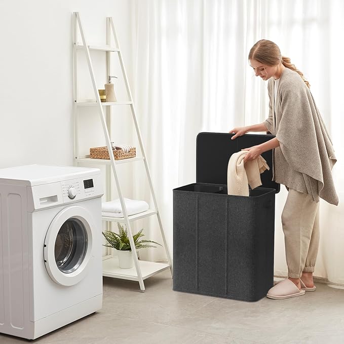 Lifewit Triple Laundry Hamper with Lid and Removable Laundry Bags, Large Collapsible 3 Dividers Dirty Clothes Basket with Handles for Bedroom, Laundry Room, Closet, Bathroom, College, 160L Dark Gray