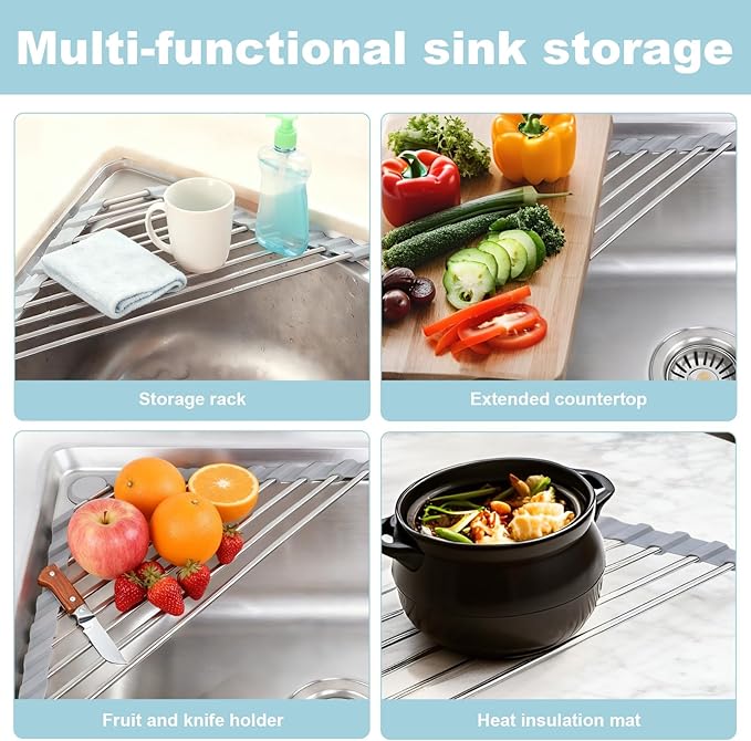 Triangle Dish Drying Rack, Sink Caddy for Top of Sink Rack, Stainless Steel Roll-Up Over The Sink Drainer, Foldable Sponge Holder for Kitchen Sink Organizer, Non-Slip Silicone, Space-Saving