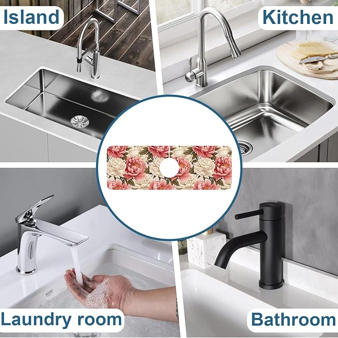 Beautiful Peony Sink Splash Guard Bright Peonies Faucet Absorbing Mat Fast Drying Mat Sink Gadgets Splash Guard Behind Faucet Drip Catcher for Kitchen Bathroom, 15.5"x5.5"