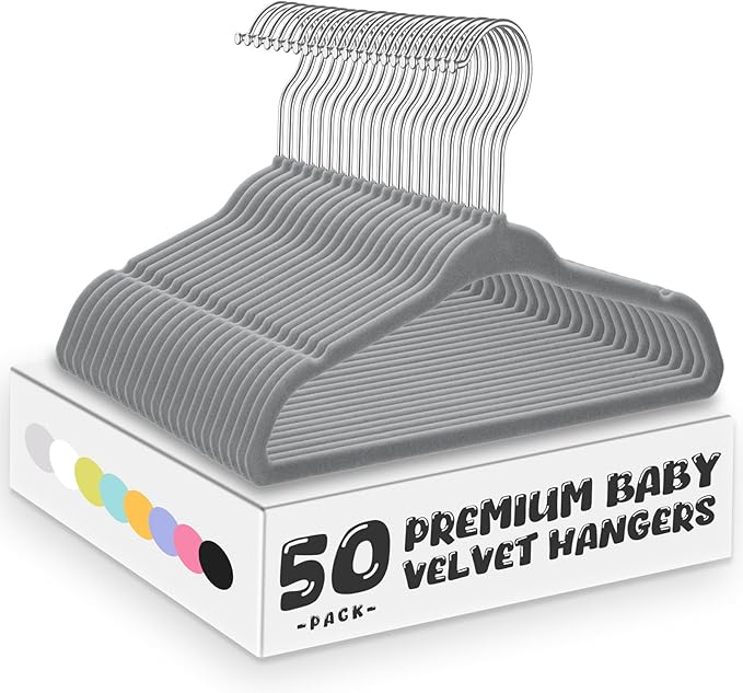 Kids Velvet Hangers 11 Inches Children's Clothes Hangers Non-Slip Baby Hangers Space-Saving Infant Closet Organizer | Durable & Lightweight (Grey,50pack) by MOERKADA
