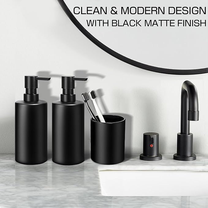 Matte Black Bathroom Accessories Set, 5 Pcs Bathroom Accessories Set, Glass Soap Dispenser and Toothbrush Holder Set, Qtip Holder and Cotton Ball Holder, Modern Bathroom Decor Sets