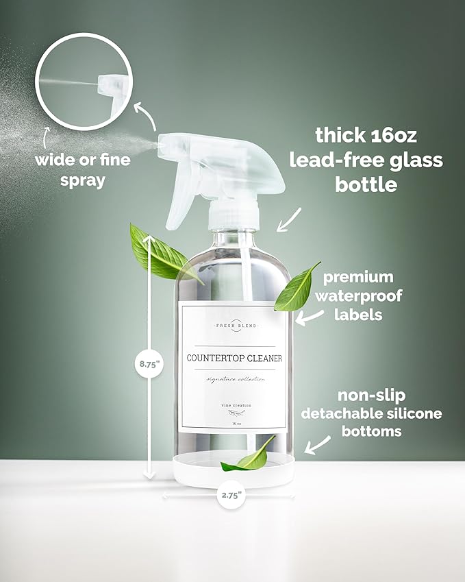 Vine Creations Glass Spray Bottles, 2 Pack Refillable Spray Bottles for Cleaning Solutions, Clear Spray Bottle for plants, Water Spray Bottle Sprayer, Glass Spray bottles 16 oz with Waterproof Labels