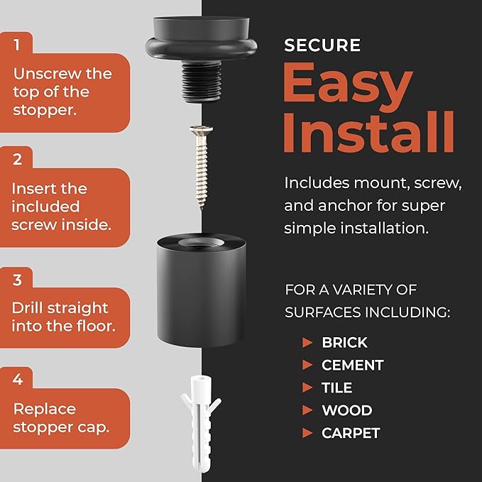 NYCO - Floor Door Stopper Chrome Door Stop - Classy Solid Steel Modern Heavy Duty Door Stoppers - Floor Mount Anchor Screw - Wall Protector for Commercial Door (1.5 Inch Black Finish)