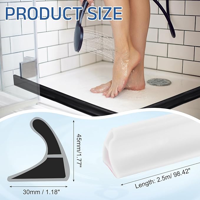 uxcell Flexible Shower Water Barrier, 98" TPE Shower Edge Water Stopper Blocker Splash Guard for Bathtub Sink Washing Machine Dry and Wet Separation, 1.18"W x 1.77"H, White