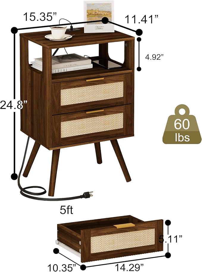 Veegle Rattan Nightstand with Charging Station,Modern Bedside Table with 2 Storage Drawer and Open Wood Shelf, for Bedroom and Small Spaces,Night Stand with Solid Wood Legs (Walnut Brown)
