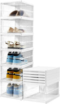 Upgrade Clear Foldable Shoe Storage Organizer, No Assembly 6 Tiers Shoe Box with Fully Clear Door, Plastic Stackable Shoe Rack for Sneakers, Sturdy Shoe Storage Containers Bins