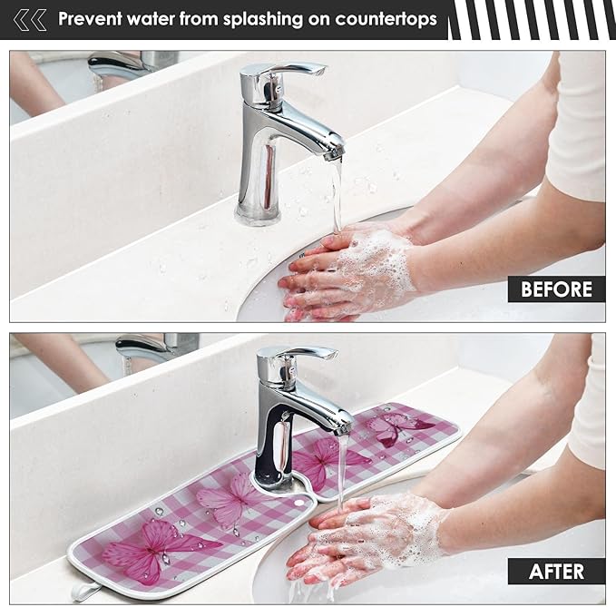 Sink Faucet Absorbing Mat Kitchen Sink Splash Guard Splash Faucet Drip Catcher for Bar RV Bathroom 2PCS 14.9x5.5in Checkered Pink and White Butterflies