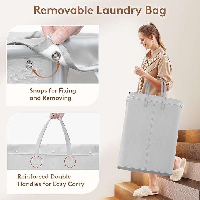 Lifewit 150L Large Laundry Basket with Wheels, Tall 2 Section Laundry Hamper Organizer, Rolling Laundry Cart with Steel Frame & Removable Bag for Luandry Room Bathroom Bedroom, Silver Gray