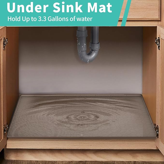 Under Sink Mat, 28"x22" Under Sink Mats for Kitchen, Silicone Waterproof Under Sink Liner, Sink Cabinet Organizer Tray with Drain Hole