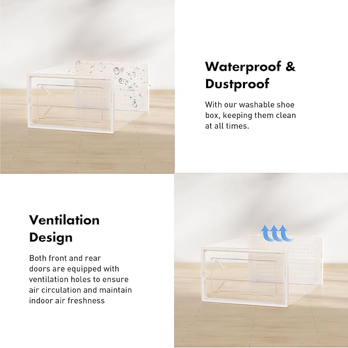 Foluck Shoe Storage Box, 15 Pack Clear Plastic Stackable Shoe Organizer for Closet, Interlocking Design Shoe Container Bins for Sneakers, Foldable Shoe Rack with Lids, White