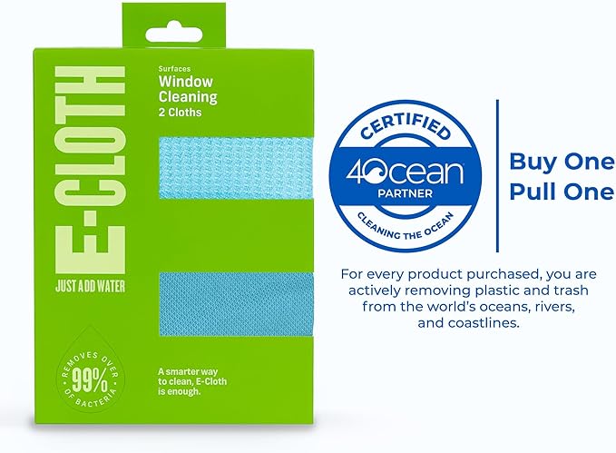 E-Cloth Window Cleaning Cloth - Eco Packaging - Glass Cleaning Cloth, Streak-Free Windows with Just Water, Microfiber Towel Kit for Windows, Car Windshield, Mirrors - Alaskan Blue