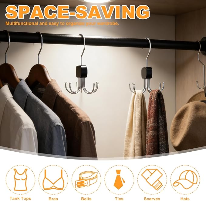 3 Pack Tank Top Hanger, Rotatable Bra Organzier for Closet, Bra Hanger for Closet Organizer, 360° Rotating & Foldable, Metal and Wood, Space-Saving Belt Hangers for Tank Tops, Belt, Tie (Black)