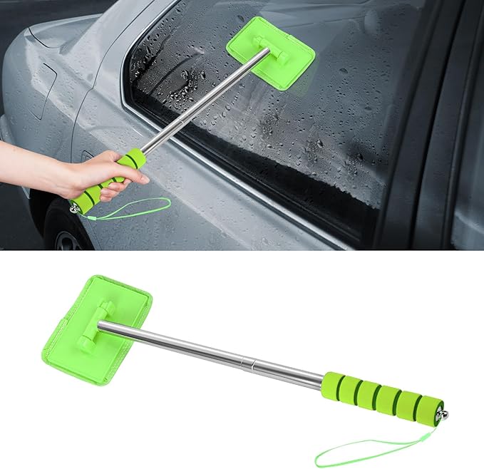 Car Windshield Cleaning Tool, Car Windshield Window Cleaner, Auto Glass Wiper Tool with Extendable Handle & Reusable Microfiber Pad, Universal Vehicle Cleaning Car Accessories (Green)