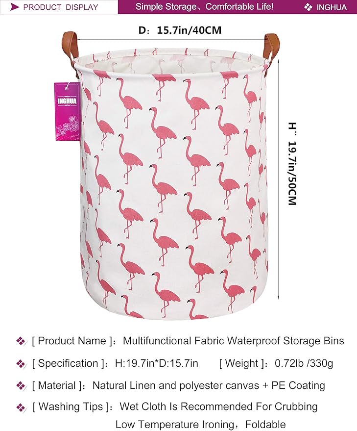 Laundry Hamper Large Canvas Fabric Lightweight Storage Basket/Toy Organizer/Dirty Clothes Collapsible Waterproof for College Dorms, Boys and Girls Bedroom,Bathroom(Flamingos)