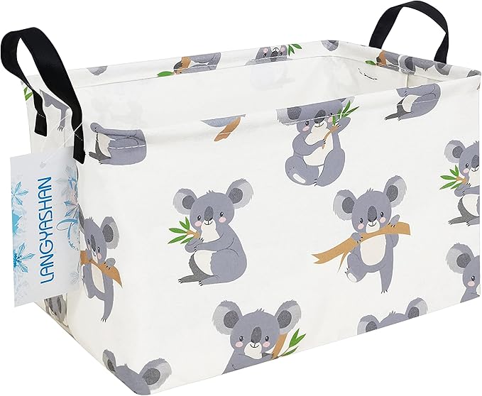 LANGYASHAN Rectangular Storage Bin Collapse Canvas Fabric Cartoon Storage Basket with Handles for Organizing Home Kitchen Boys and Girls Toys Office Closet Shelf Baskets (Rec Koala)
