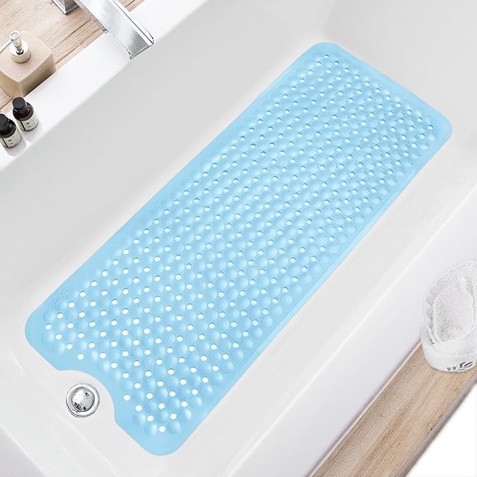 Bath Tub Shower Mat, Non Slip Bathtub Floor Liner Mats with Suction Cups and Drain Holes, Machine Washable Bathmat for Bathroom Floor Safety, 40 x 16 Inch, Sky Blue