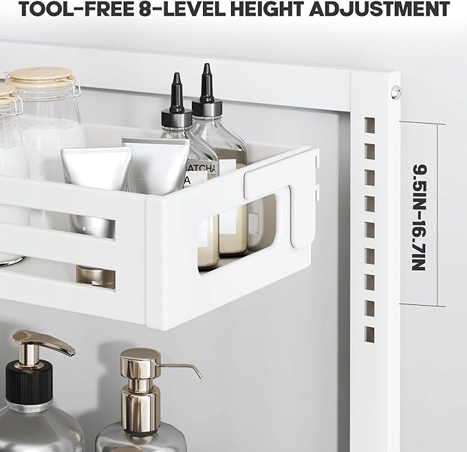 2 Pack 19IN-Depth Under Sink Organizer,Pull Out Cabinet Organizer With Smooth Cylindrical Rail,Metal Slide Out Drawer for Kitchen Bathroom Laundry,8-Level Tool Free Height Adjustable-White
