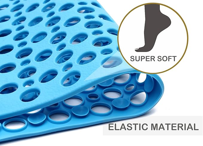 Mantto Nonslip Bath Tub Shower Mat with Suction Cups, Extra Soft TPE Bath Mat for Kids, Bathtub Bathroom Mats, Machine Washable, Smooth/Non-Textured Tubs Only, 35L x 16W Inch(Lake Blue)