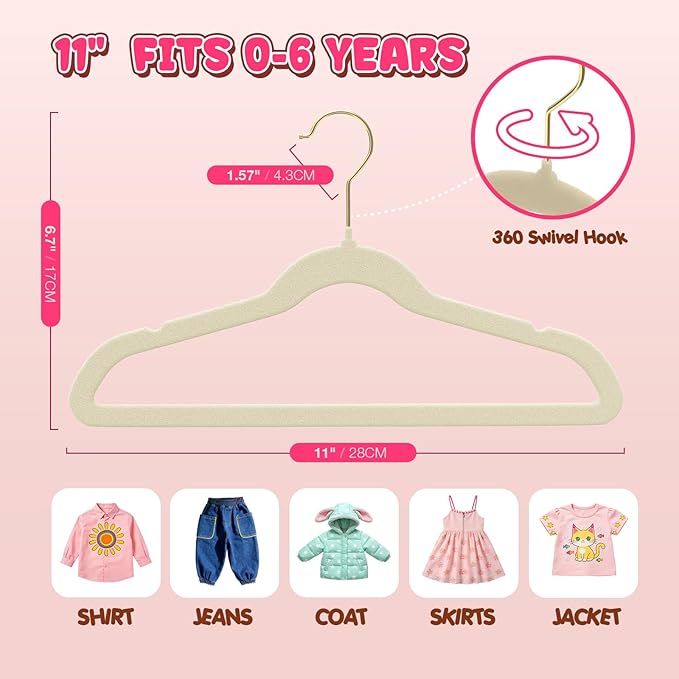 Korpai 50 Pack Baby Velvet Hangers 11 Inch,Non-Slip,Ultra Slim,Space-Saving Baby Hangers with 360° Swivel Hook, 7LBS Capacity,Baby Clothes Hangers Ideal for Baby Romper/Dresses/Shirts/Coats/, Beige