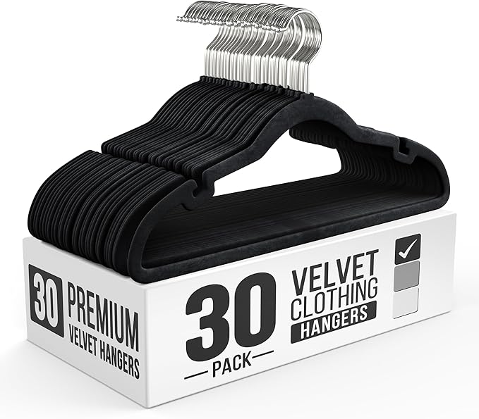 30 Pack Velvet Hanger for Shirt Pants Dresses Skirts Suits Jackets - Slim Space Saving Design - Standard Coat Hanger - Sturdy & Durable Design with Shoulder Grooves Hook