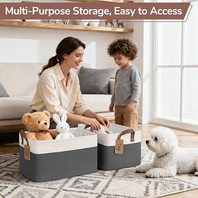 CHICVITA 4 Pack Large Storage Baskets for Shelves, Collapsible Closet Organizer Bins with Handles, Decorative Shelf Baskets for Bedroom Living Room, 16.8" x 11" x 9.8", Gray & White