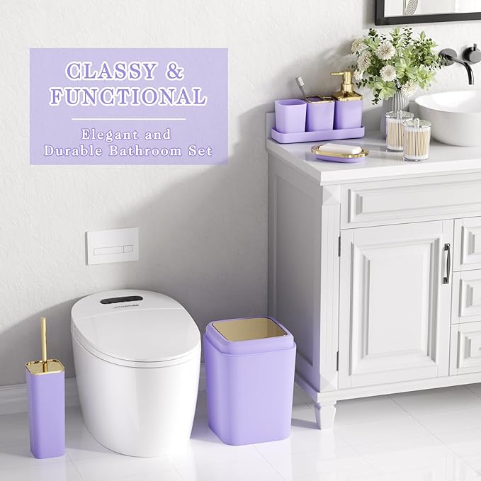 Purple Bathroom Accessories Set, Purple and Gold Bathroom Accessories with Trash Can, Soap Dispenser, Soap Dish, Toothbrush Holder and Q-tip Holders