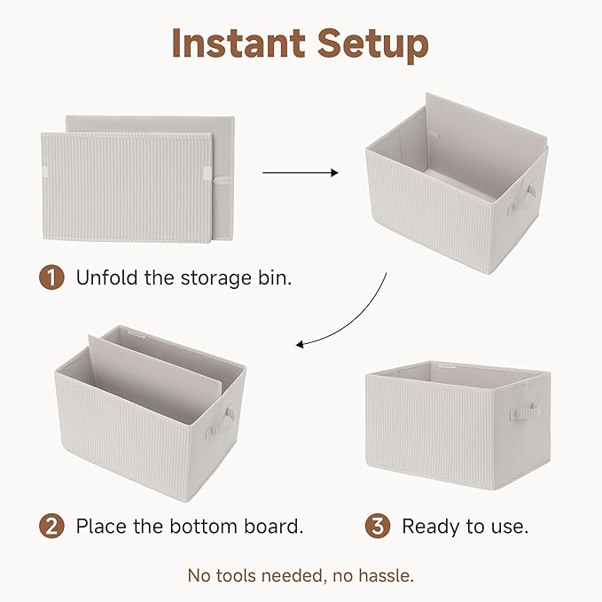 StorageWorks Foldable Shelf Organizer Bins, Closet Storage Baskets for Clothes, Storage Bins for Organization, Beige Stripes, 3-Pack, Extra Large