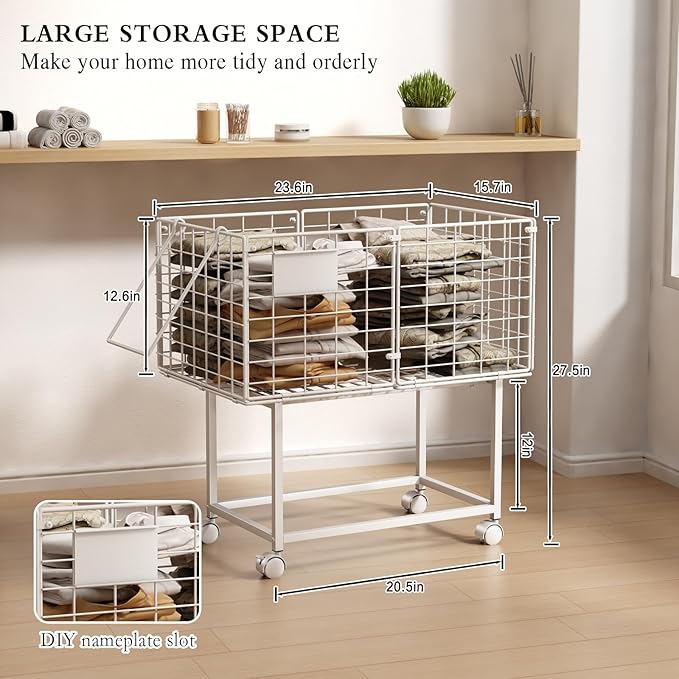 Rolling Laundry Cart, 80L Wire Laundry Hamper Basket on Wheels, Dirty Clothes Basket with Handle, Metal Clothes Hamper Organizer for Laundry Room, Bathroom, Bedroom, Dorm, White
