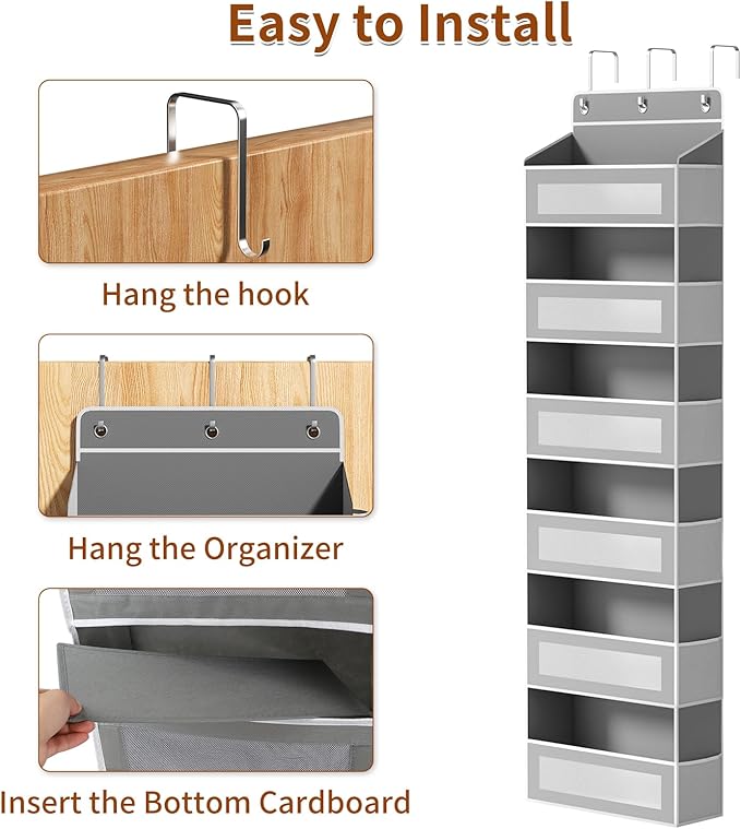Over The Door Organizer with 6 Large Pockets, Over the Door Storage 12 Side Pockets, Hanging Door Organzier 44 lb Load Behind Door Storage Hanging Shelf for Closet Wall Bathroom Nursery, 6-Tier Grey