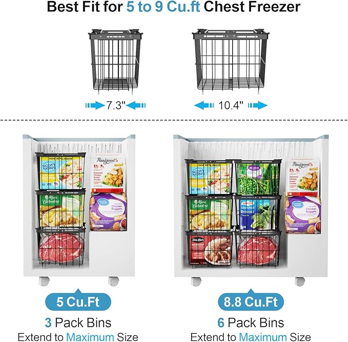 iSPECLE Freezer Organizer Bins - 4 Pack Adjustable Width for 5 to 7 Cu.Ft Chest Freezers, Stackable Freezer Wire Storage Baskets for Deep Freezer Organization, Assembly Required, Black