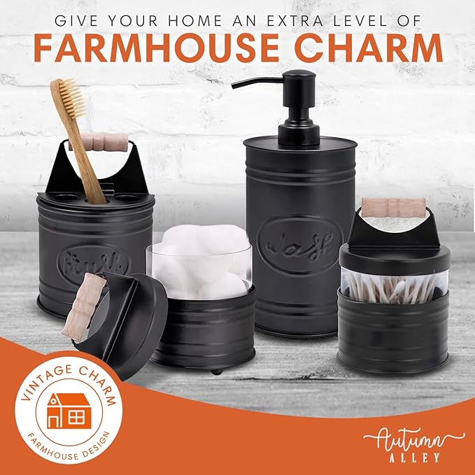 Autumn Alley Rustic Bathroom Accessories Set Black Farmhouse Soap Dispenser, Matte Black Toothbrush Holder, 2 Apothecary Jars Qtip Holder Glass - Rustic Bathroom Decor, Farmhouse Bathroom Accessories