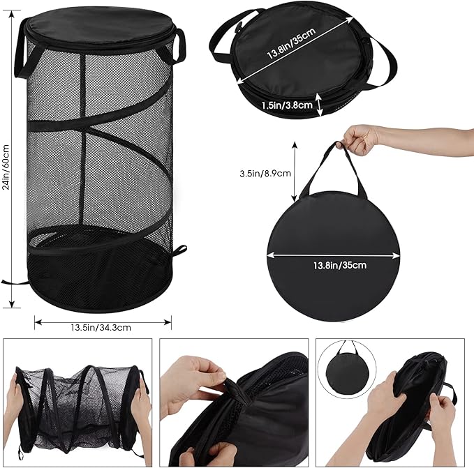 BATTOO 2 Pack Large Collapsible Laundry Basket with Lid Foldable Mesh Pop Up Hamper with Handles for Laundry Room, Bathroom, Kids Room, College Dorm, Travel, Storage Organizer Black+White
