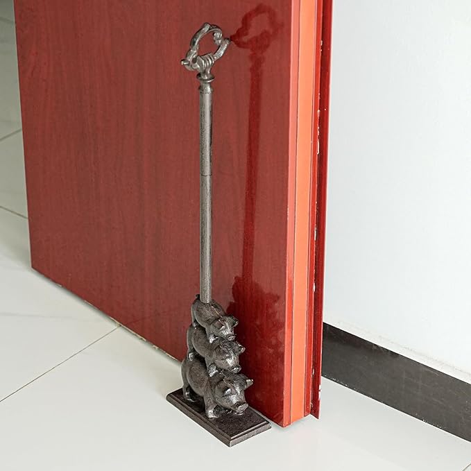 Sungmor Portable Door Stopper Wedge, 23.8" Tall Cute Three Pig Door Holder, Cast Iron Heavy Duty Animal Statue Door Stops with Handle, Antique Style Decorative Ornaments for Home or Yard