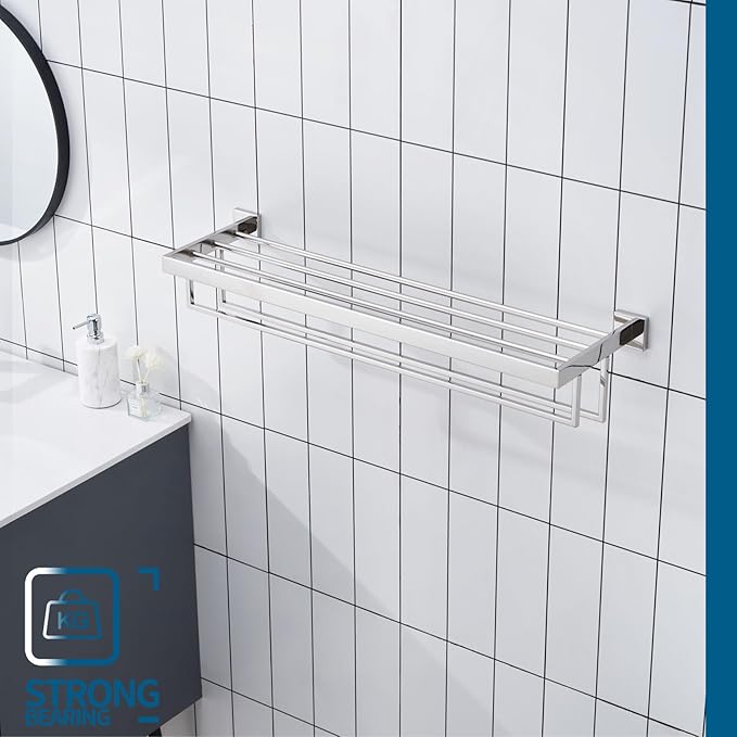 KOKOSIRI 32'' Bathroom Towel Shelf Chrome Towel Rack with Two Bath Towel Bars SUS304 Stainless Steel Wall Mounted, Polished Finish B6003CH-L32
