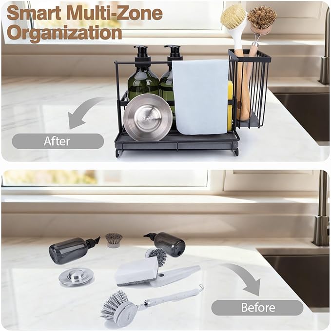 Kitchen Sink Caddy with Instant Drying Stone: Sink Sponge Holder, Stainless Steel Countertop Organizer Basket for Sponge, Scrubbers, Soap, Towel, Bathroom, Desk& Wall Mounted Mode, 2 Diatomaceous Pad