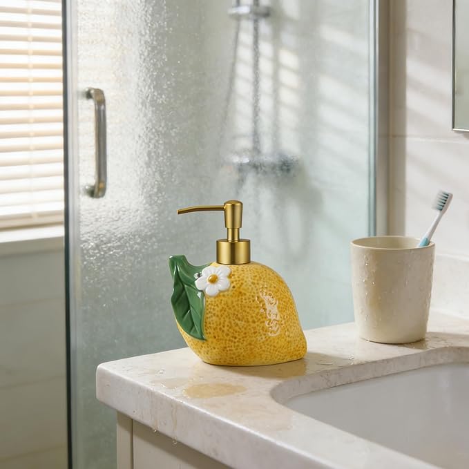 17 OZ Lemon Ceramic Soap Dispenser with ABS Pump,Refillable Liquid Bathroom soap Dispenser for Lotion ,Body Wash ,Cute Kitchen Soap Dispenser for Dish Soap,Hand Soap