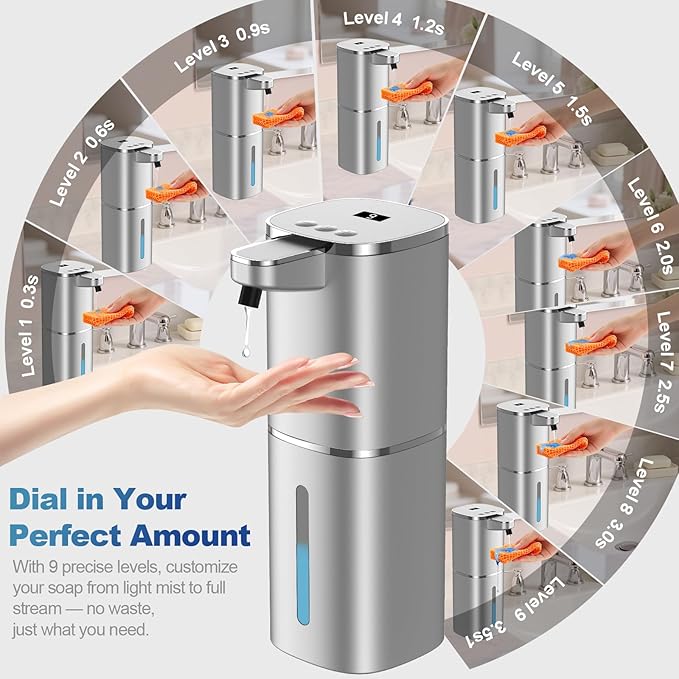 Automatic Liquid Soap Dispenser, 9 Adjustable Levels, 380ml/12.8oz, Touchless Hand Soap or Dish Soap Dispenser,IR Sensor & Display,Wall-Mount or Tabletop Use for Bathroom Kitchen (Silver)
