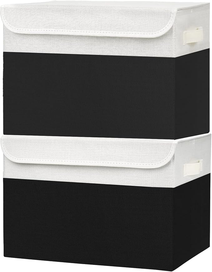 Large 42 Quarts Fabric Storage Bins with Lids [2-Pack] Linen Collapsible Foldable Baskets, Closet Organizer Containers boxes with Handles for Home Office (16.7 x 12 x 12, Black & White)